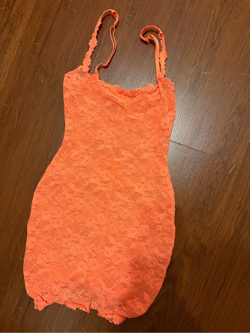 SKIMS Lace See Through Slip Dress in Bright Coral